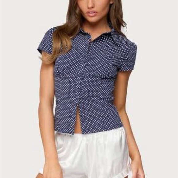 Edikted Navy Blue Polka Dot Button-Down Shirt